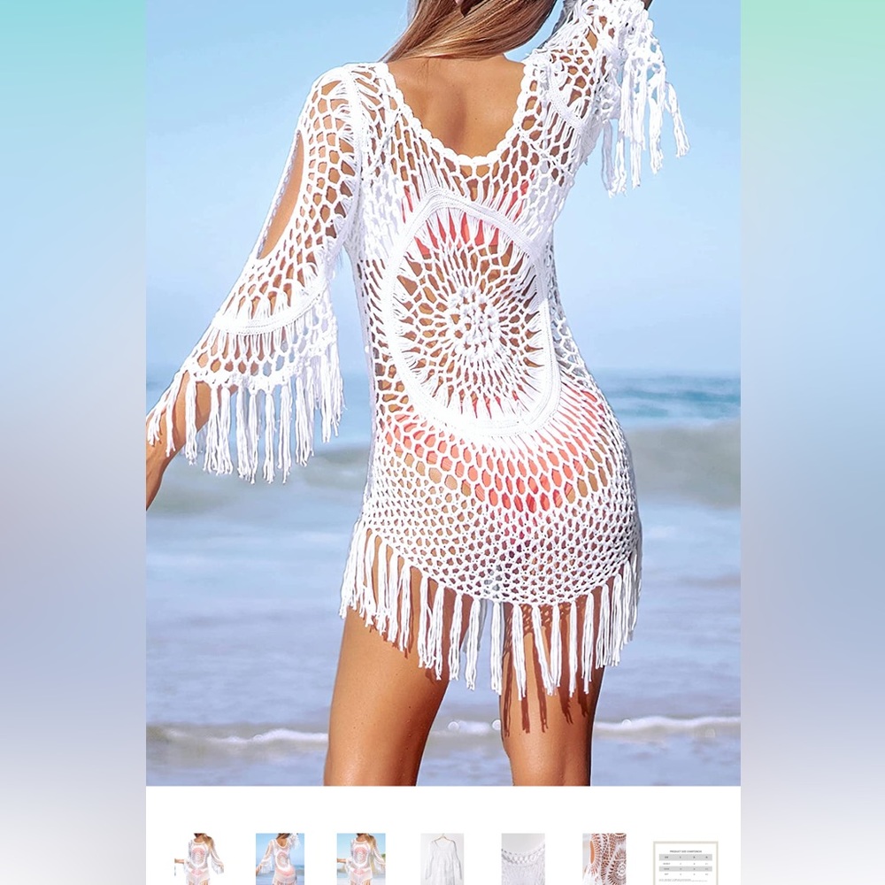 NWT CUPSHE White swim cover boho Crochet Tassel Three Quarter Sleeve … - Picture 3 of 9